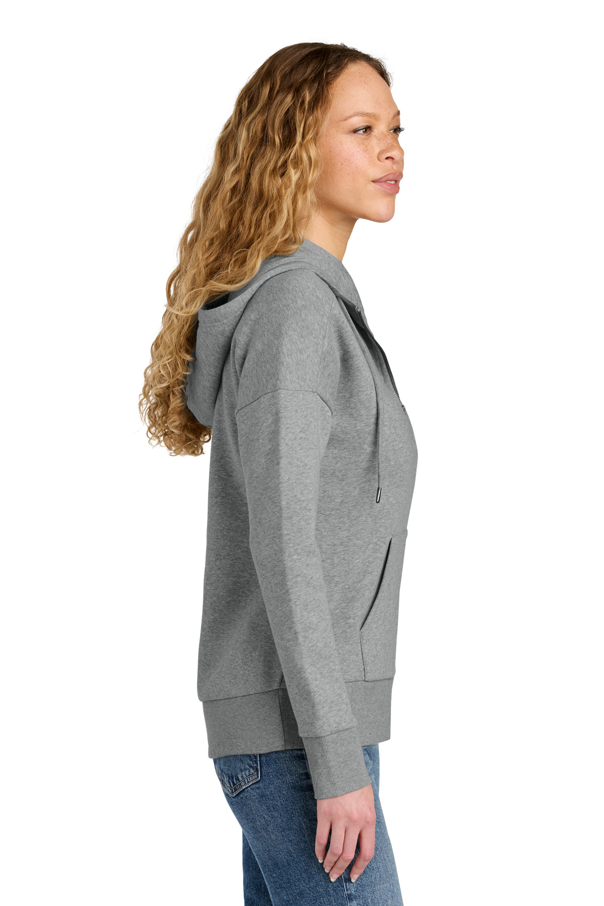 District Women's Perfect Weight Fleece Drop Shoulder Full-Zip Hoodie DT1104 in Heathered Steel — Left sleeve