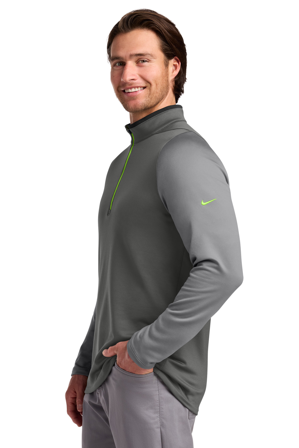 Nike Dri-FIT Stretch 1/2-Zip Cover-Up. 779795 in Dark Grey/ Cool Grey/ Volt — Left sleeve