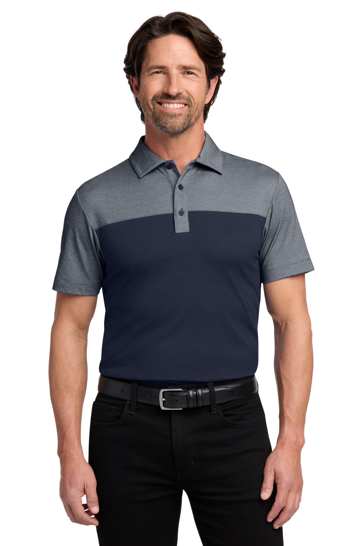 Fine Pique Blend Blocked Polo - River Blue Navy/ River Blue Navy Heather