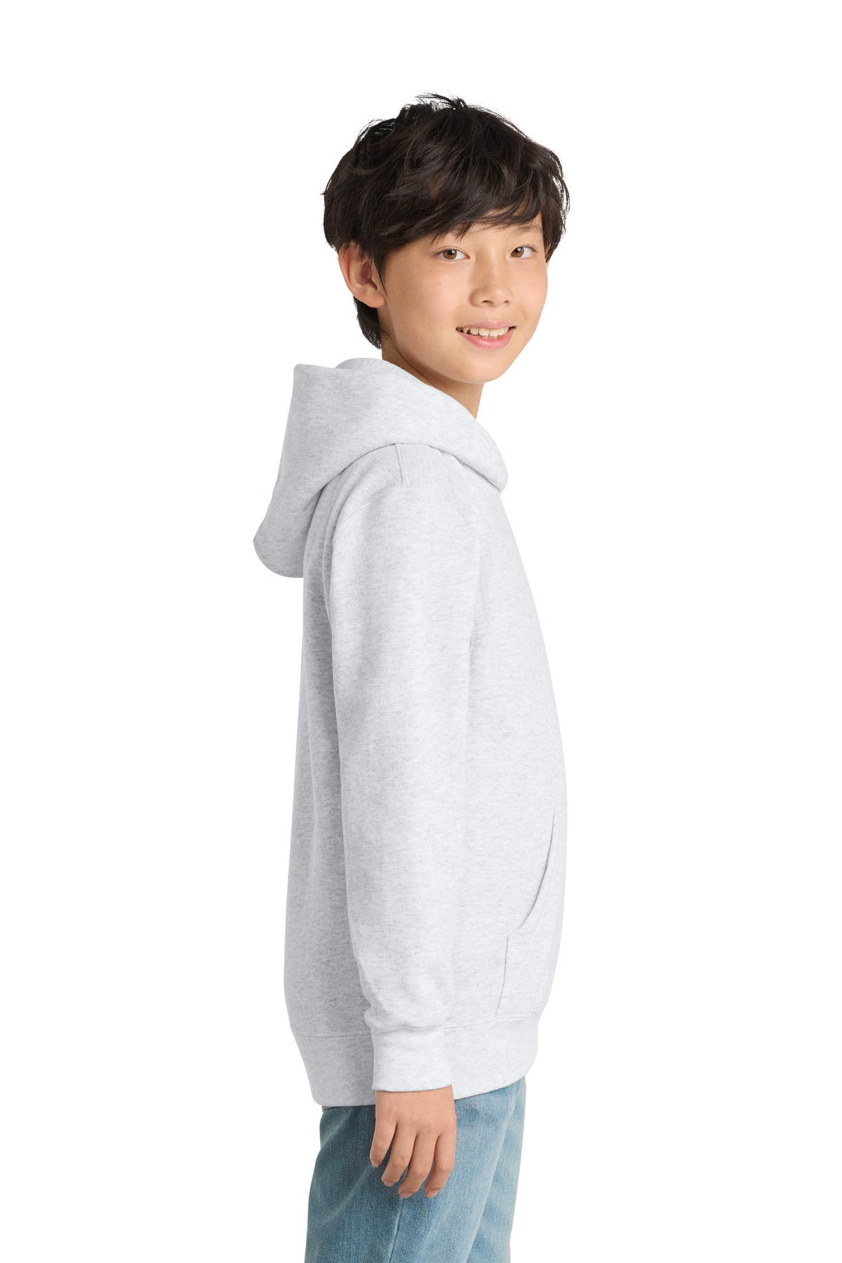 Port & Co Youth Core Fleece Pullover Hooded Sweatshirt PC78YH in Ash — Left sleeve