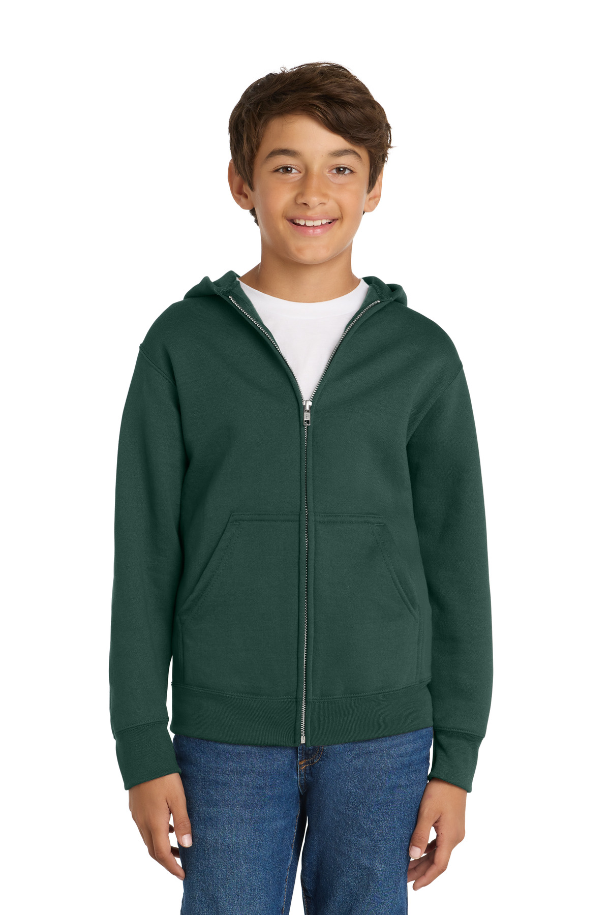 Port & Co Youth Core Fleece Full-Zip Hooded Sweatshirt PC78YZH — DarkGreen front