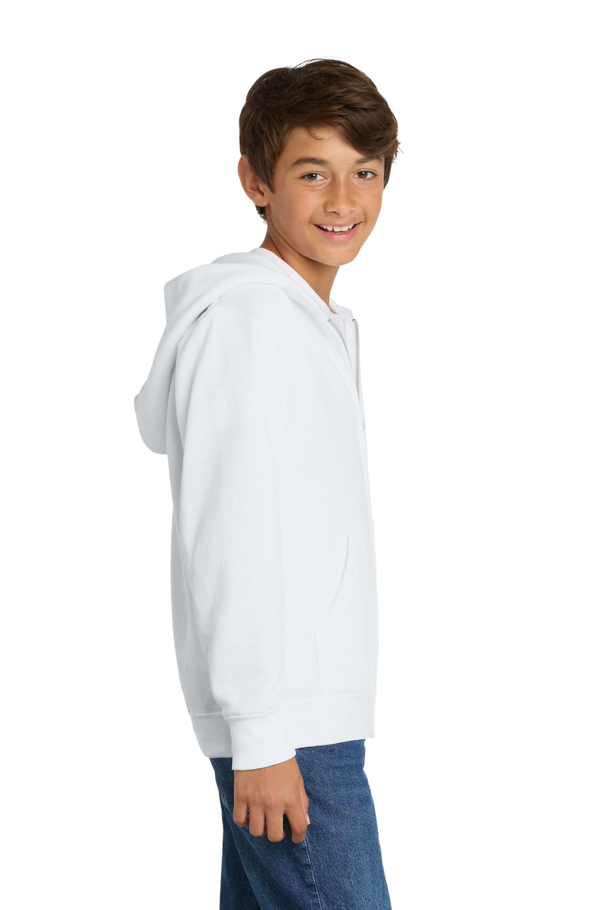 Port & Co Youth Core Fleece Full-Zip Hooded Sweatshirt PC78YZH in White — Left sleeve