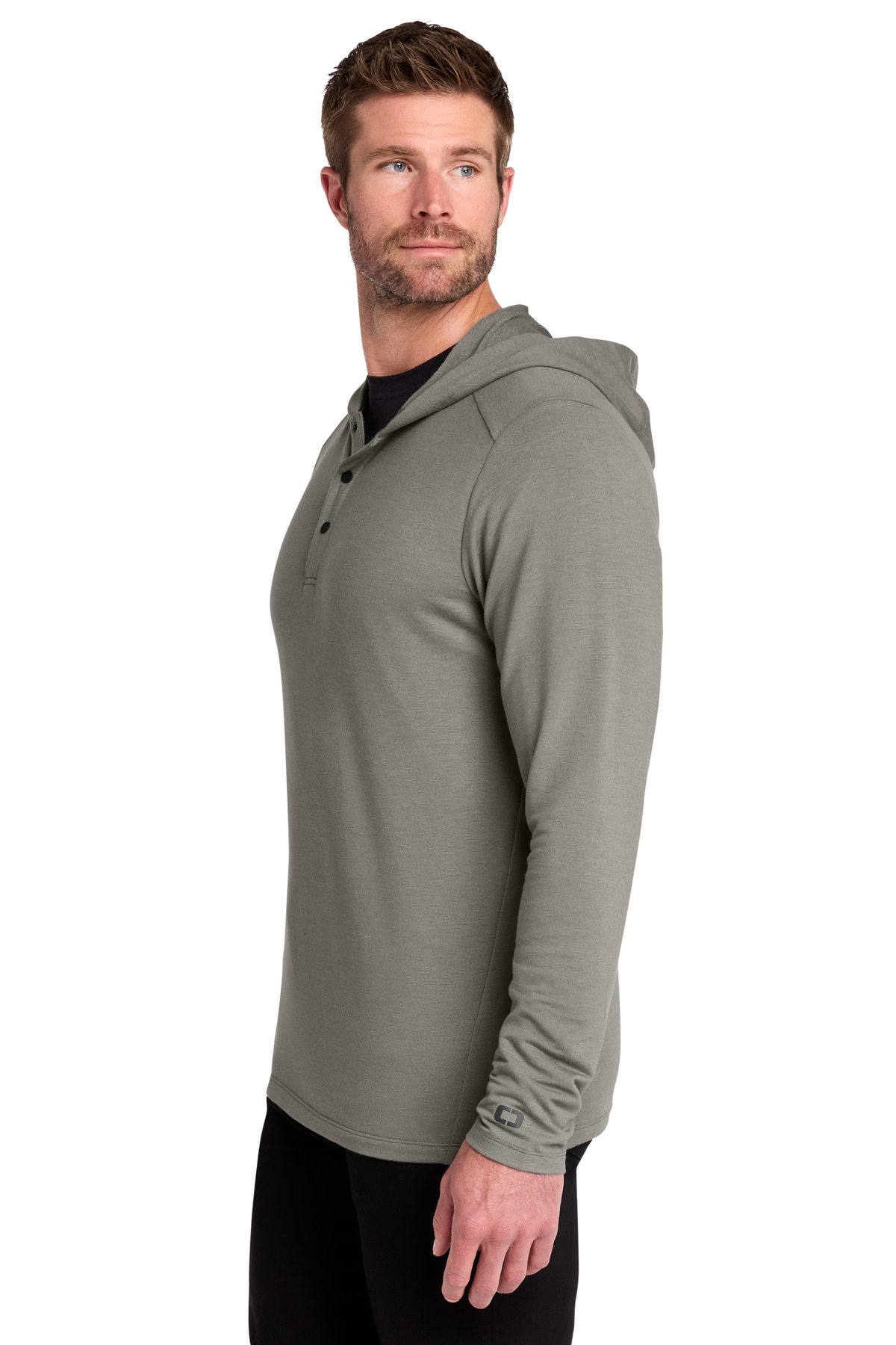 OGIO Luuma Flex Hooded Henley OG826 in Petrol Grey Heather — Left sleeve