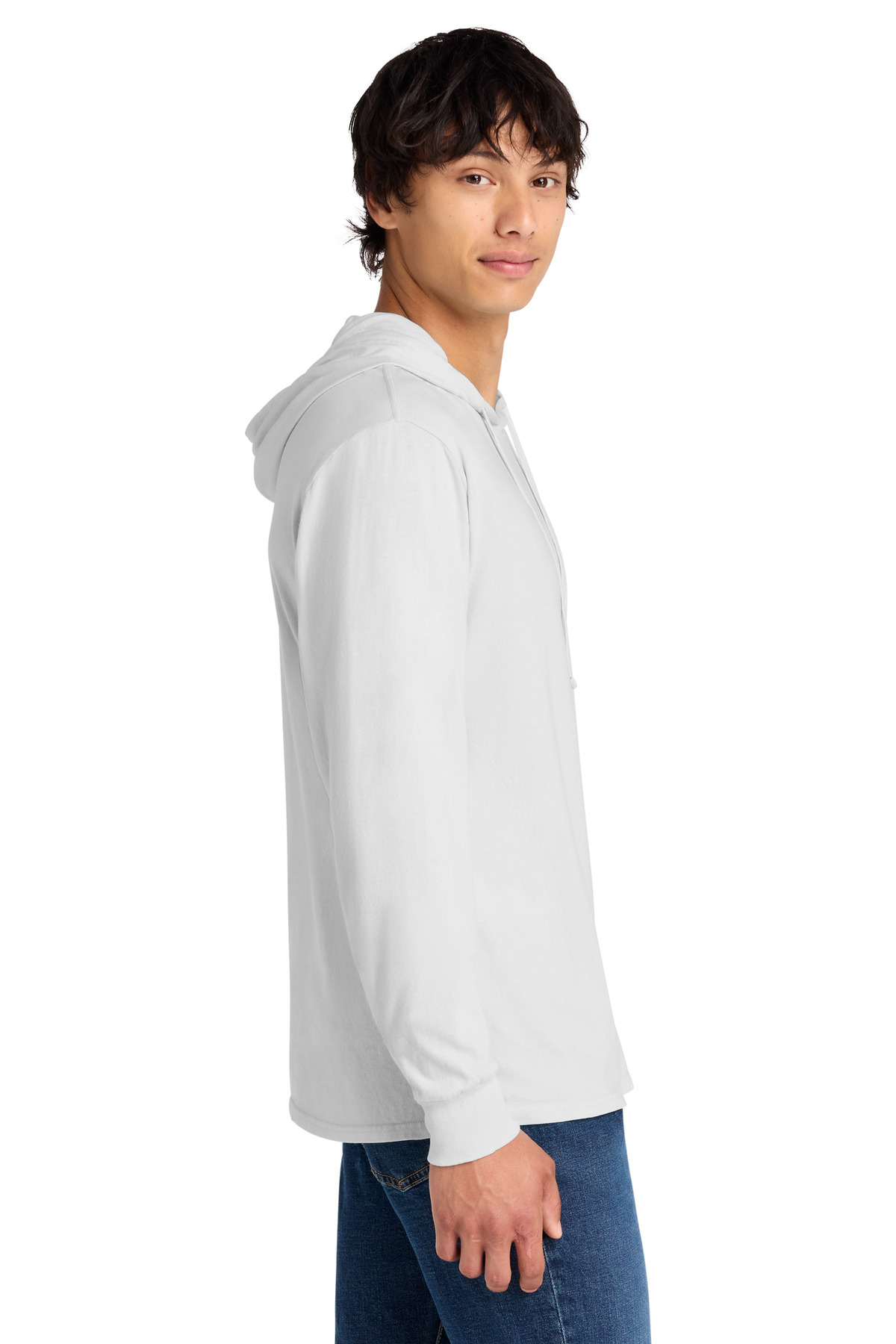 Port & Co Beach Wash Garment-Dyed Pullover Hooded Tee PC099H in White — Left sleeve