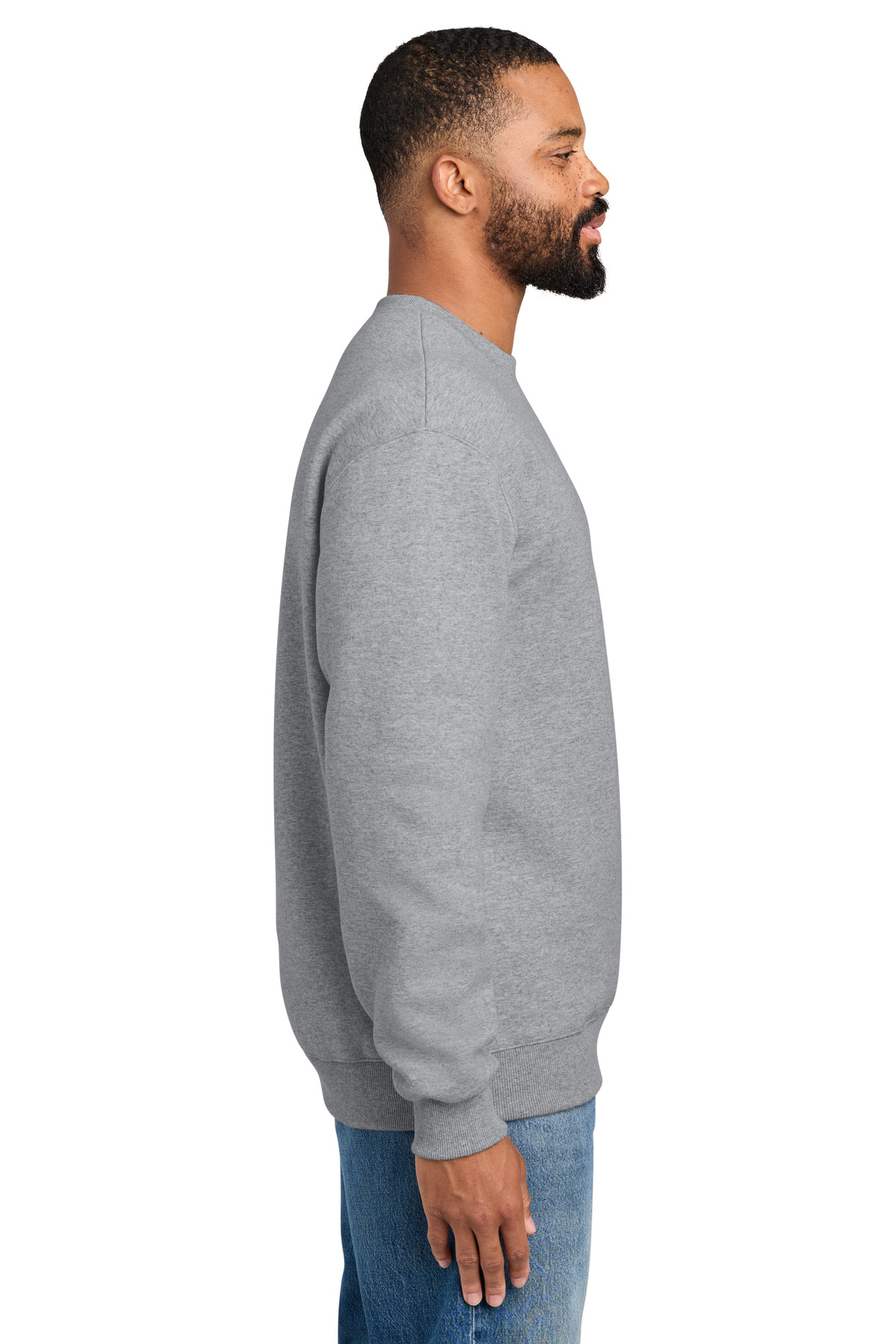 Port & Co Foundation Fleece Pullover Crewneck Sweatshirt PC107 in Athletic Heather — Left sleeve