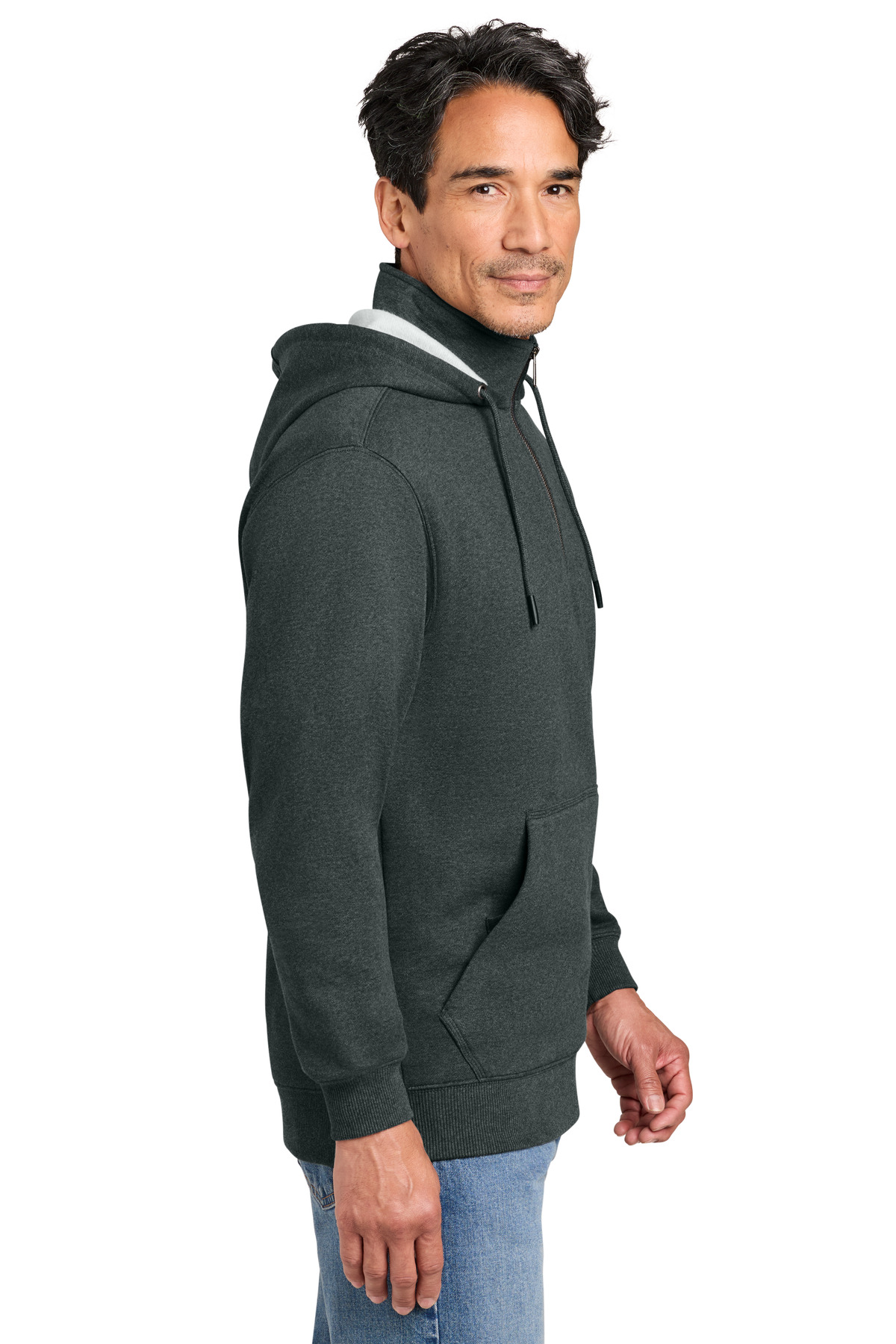 CornerStone Tough Fleece 1/4-Zip Hoodie CSF633 in Charcoal Heather — Left sleeve