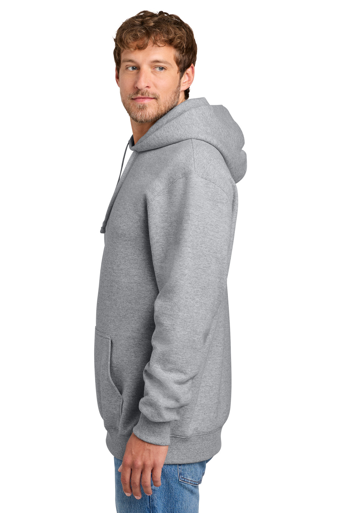 Port & Co Foundation Fleece Pullover Hooded Sweatshirt PC107H in Athletic Heather — Left sleeve