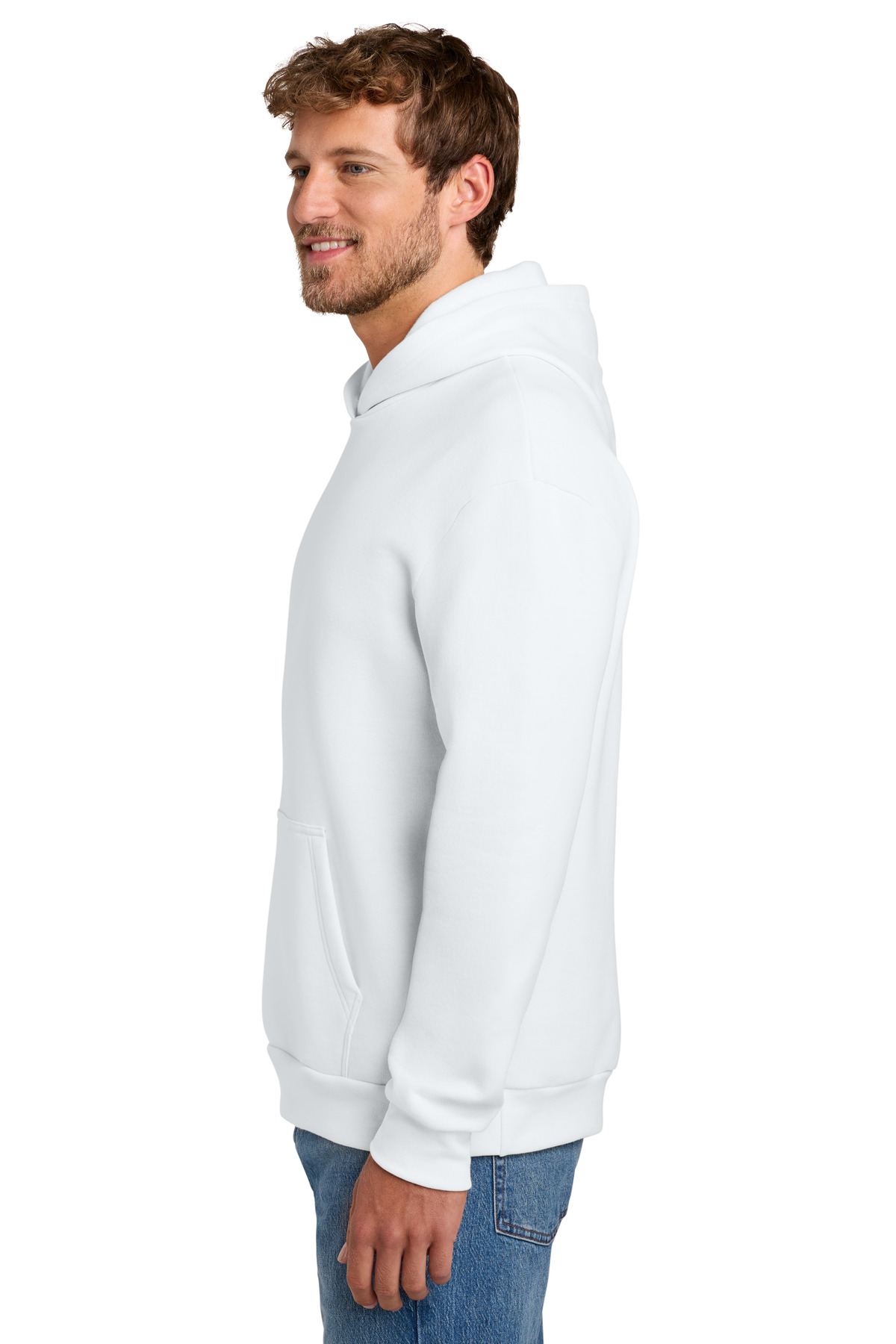 Port & Co Easy Fleece Pullover Hooded Sweatshirt PC68H in White — Left sleeve
