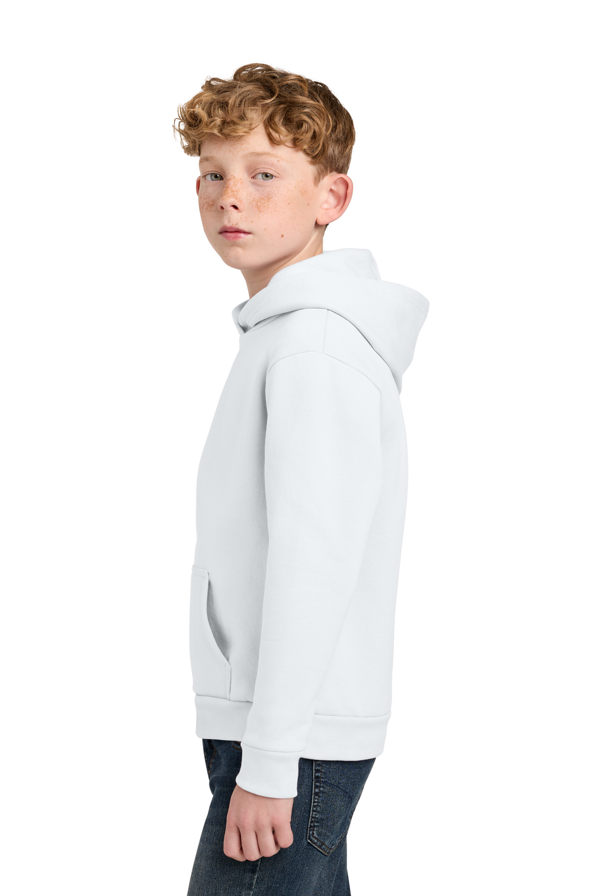 Port & Co Youth Easy Fleece Pullover Hooded Sweatshirt PC68YH in White — Left sleeve