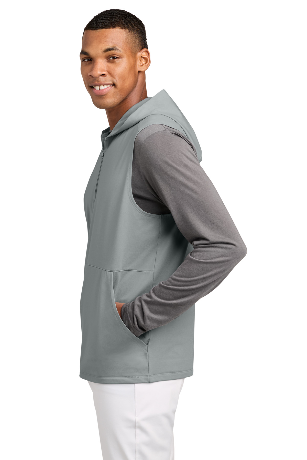 Sport-Tek Sport-Wick Stretch Sleeveless Hooded 1/4-Zip ST858 in Silver — Left sleeve