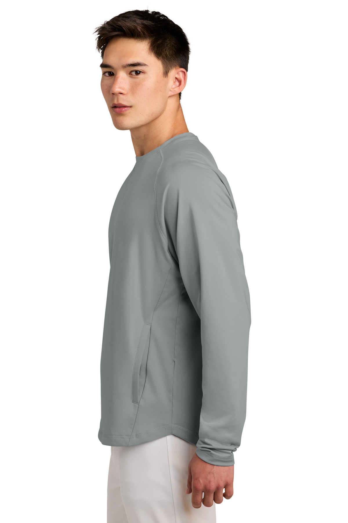 Sport-Tek Sport-Wick Stretch Pocketed Crewneck ST859 in Silver — Left sleeve