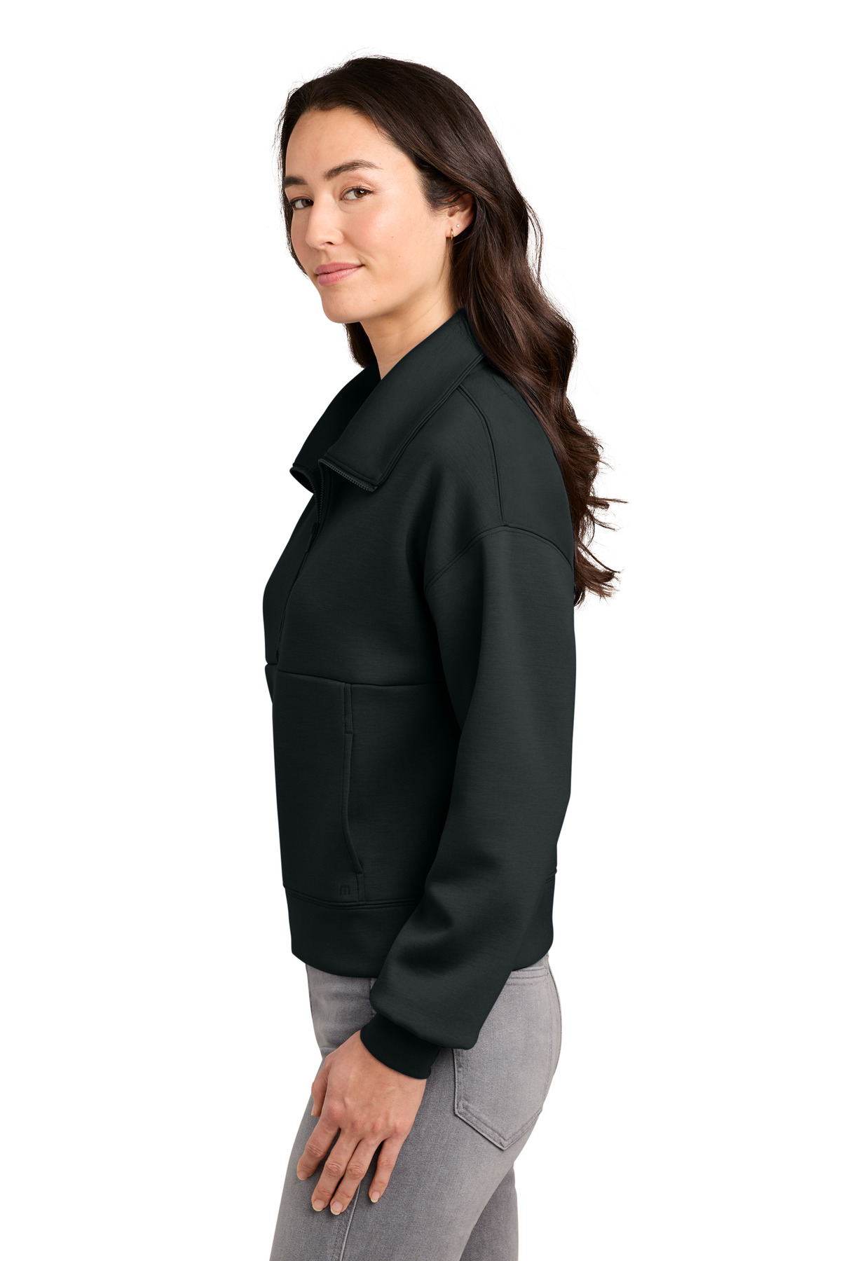 TravisMathew Women's Momentum Shift 1/2-Zip TMA42219 in Black — Left sleeve