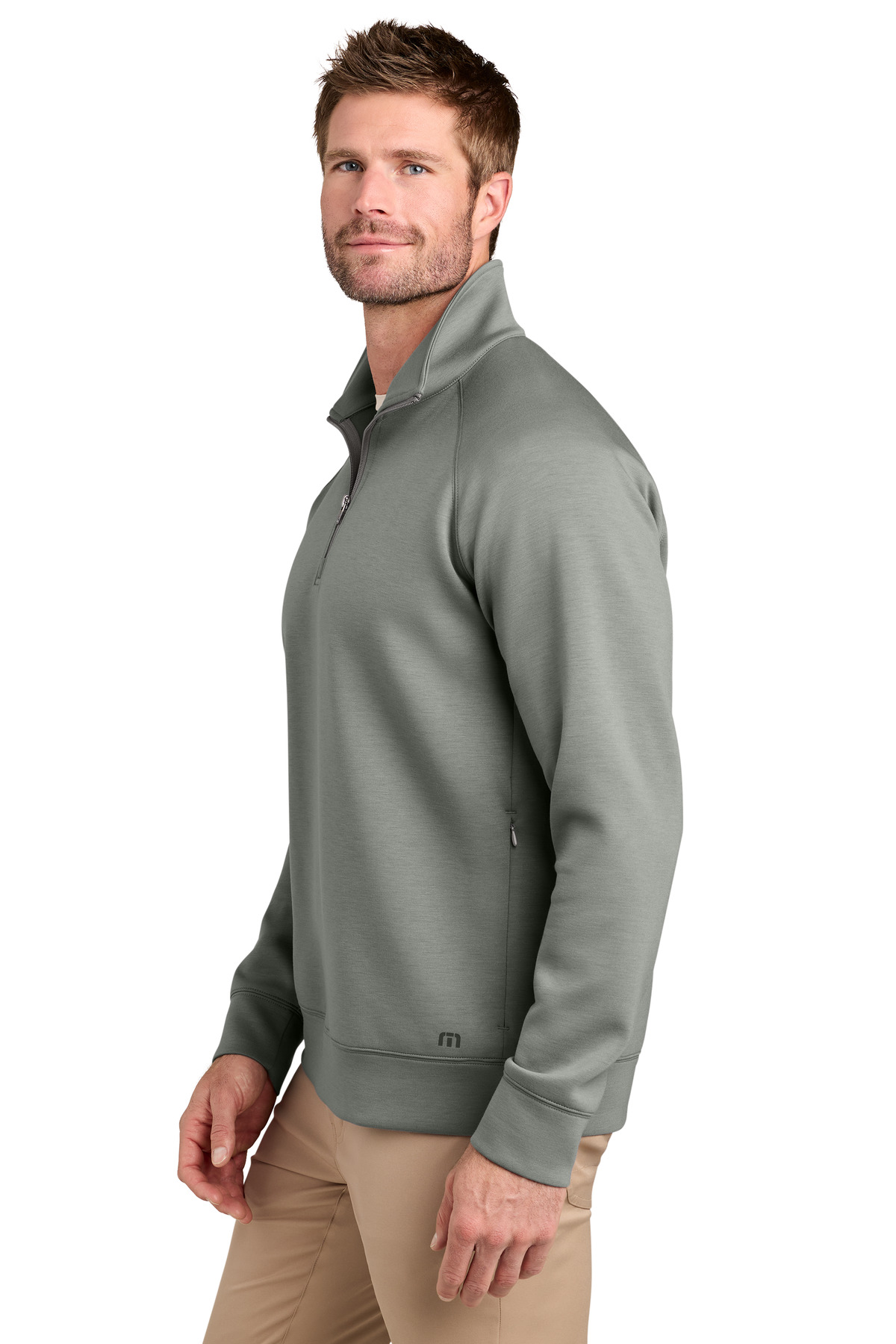TravisMathew Momentum Shift 1/4-Zip TMA42408 in Quiet Shade Grey — Left sleeve