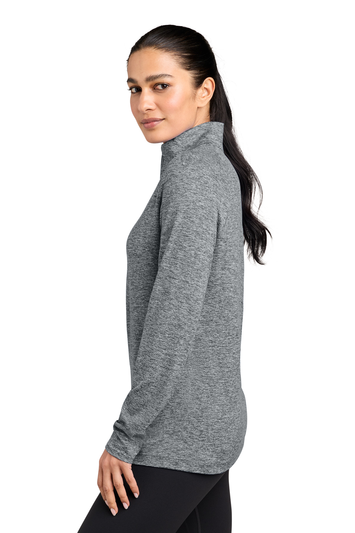 Nike Women's Dri-FIT Stride 1/2-Zip NKIO8141 in Black Heather — Left sleeve