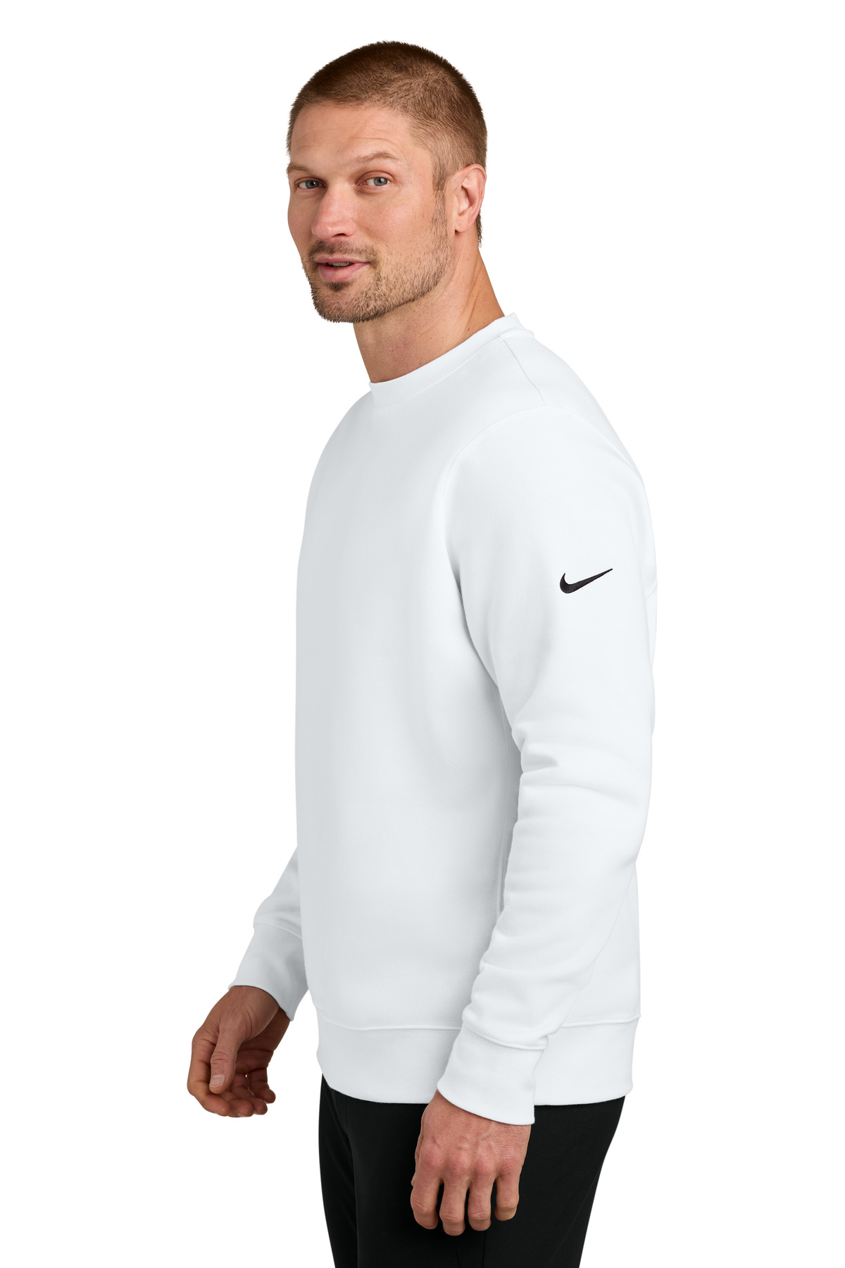 Nike Club Fleece Sleeve Swoosh Crew NKFD9863 in White — Left sleeve