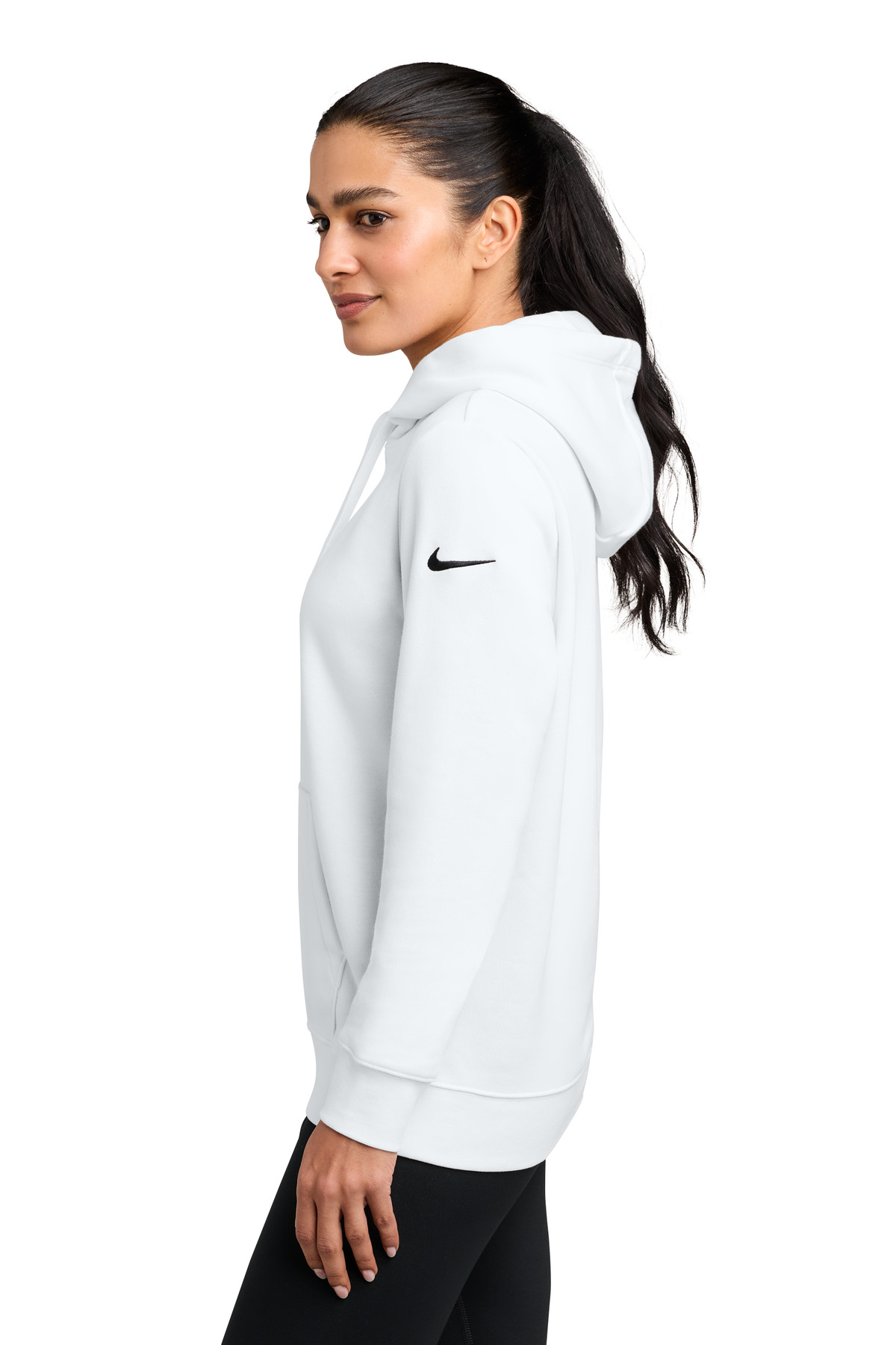 Nike Women's Club Fleece Sleeve Swoosh Pullover Hoodie NKFD9889 in White — Left sleeve