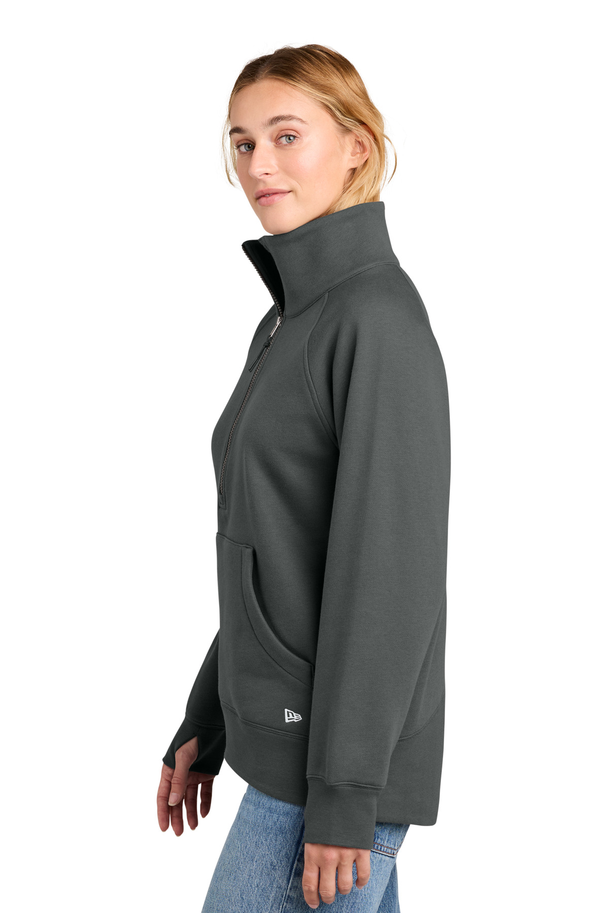 New Era Women's Heritage Fleece 1/2-Zip LNEA528 in Graphite — Left sleeve